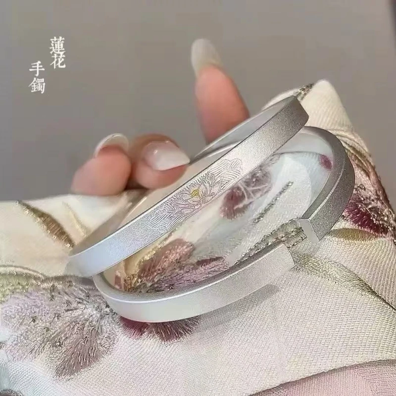 足银手镯 足银手镯19号链接足银999.9珐琅莲花手镯新中式国风实心