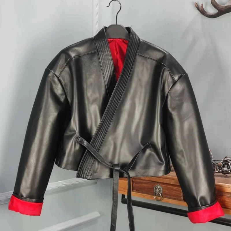 「Darley推荐」“一月新品”女士真皮短款腰带外套绵羊皮休闲小个子款