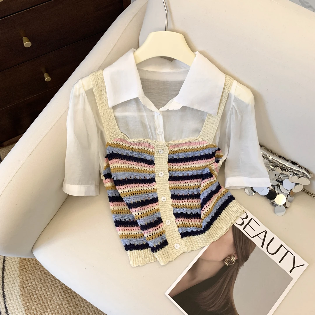新款韩版别致漂亮拼色条纹假两件上衣针织衫拼接短袖衬衫35411