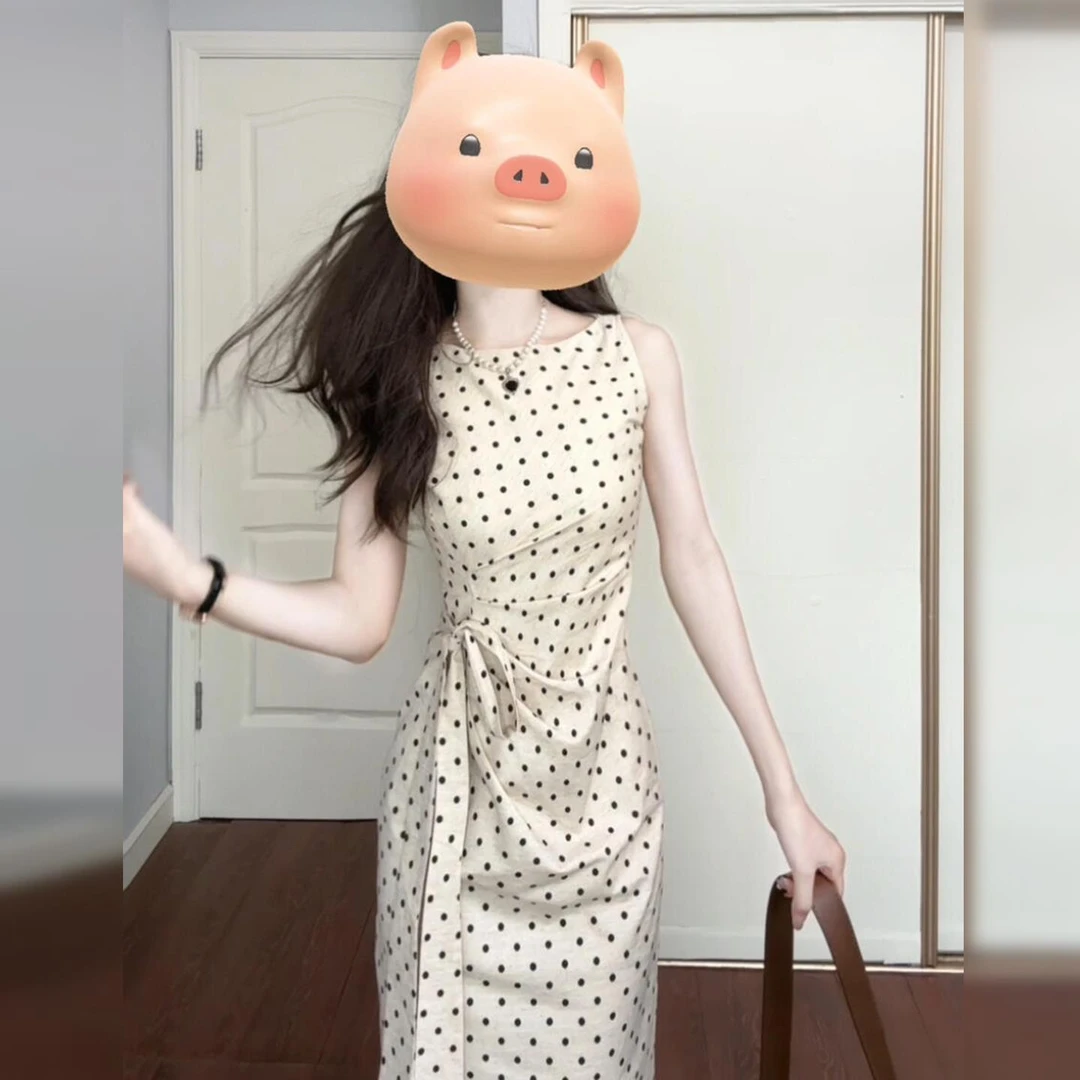 法式气质白色波点洋装子女夏季2025新款高级感绑带收腰显瘦长裙