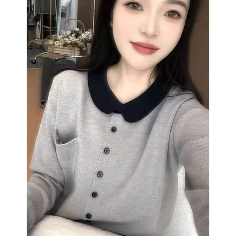 丽丽家~气质口袋灰小香风显瘦长袖百搭小众翻领开衫上衣