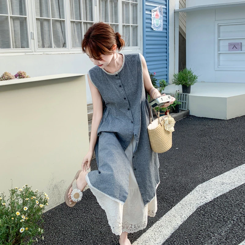 森系文艺范套装裤女2025夏季新款小清新单排扣罩衫蕾丝花边阔腿裤