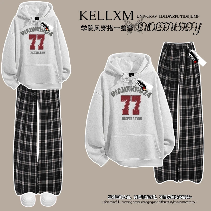 秋冬新款男童运动风潮牌印花连帽卫衣格子长裤套装宽松重磅两件套