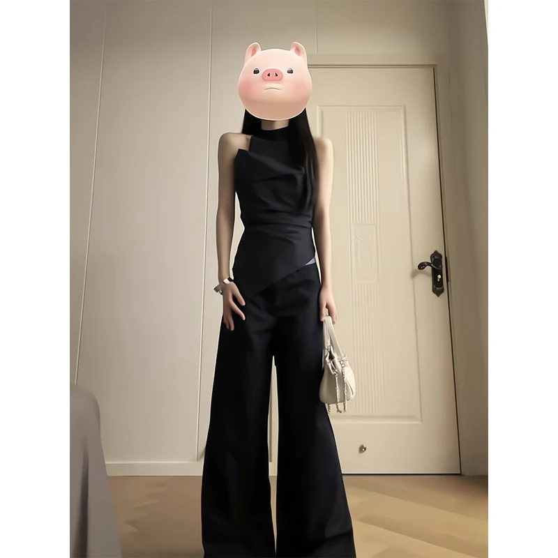 直筒休闲裤阔腿宽松山本长裤不对称拼接高领挂脖系带背心无袖上衣