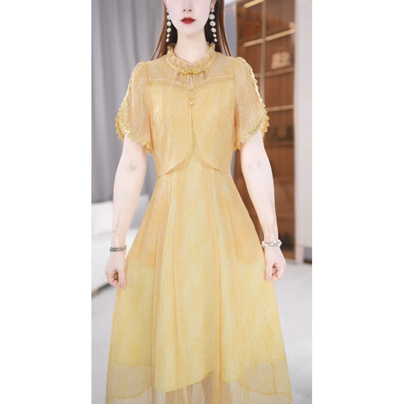 【连衣裙】夏季新款V领高定纯色轻薄透气显瘦收腰中长款连衣裙M-4XL