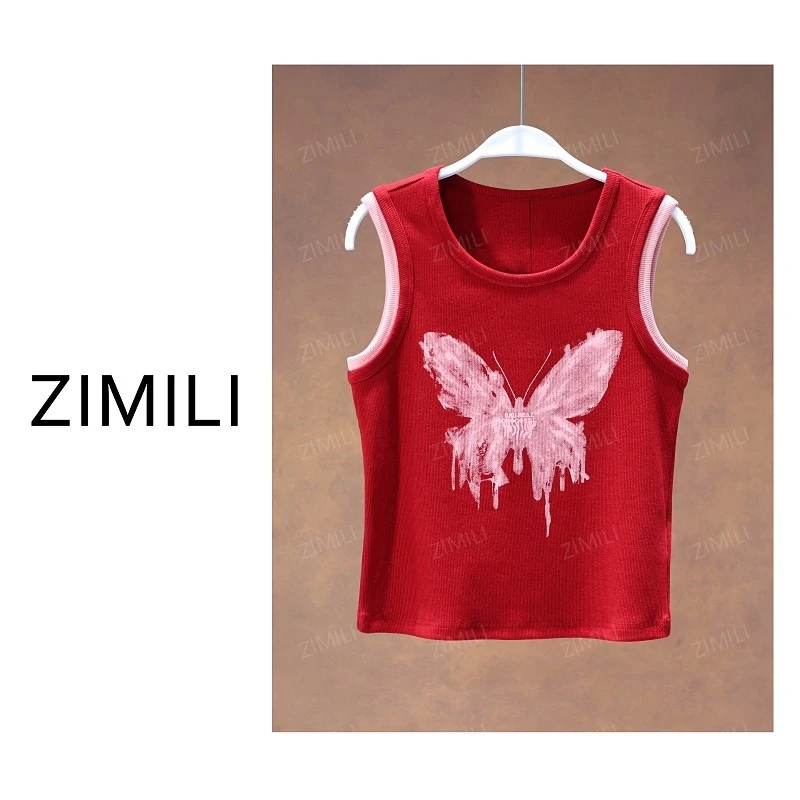 【亮哥女装】2025欧版小众设计师安可拉红蝴蝶印花高弹背心10086-B8