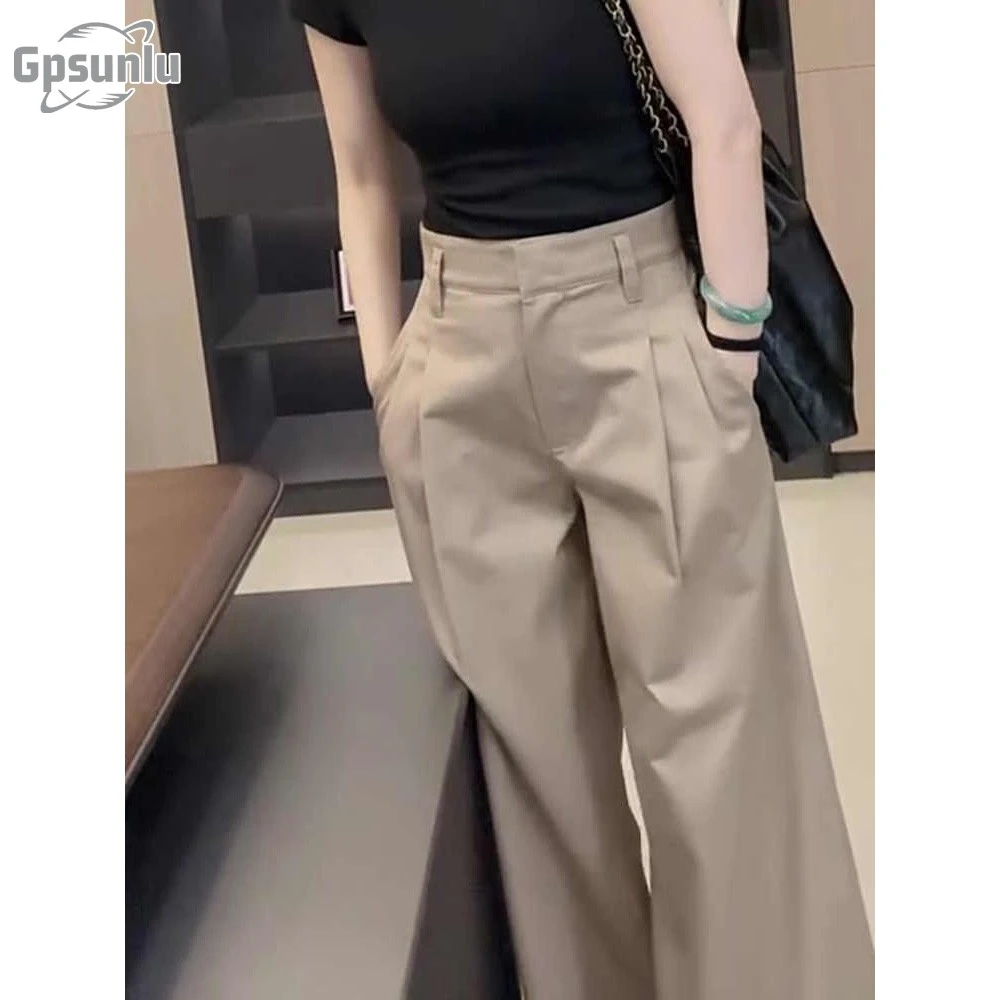 gpsunlu卡其色西装阔腿裤女夏季新款复秋季高腰显瘦工装阔腿裤