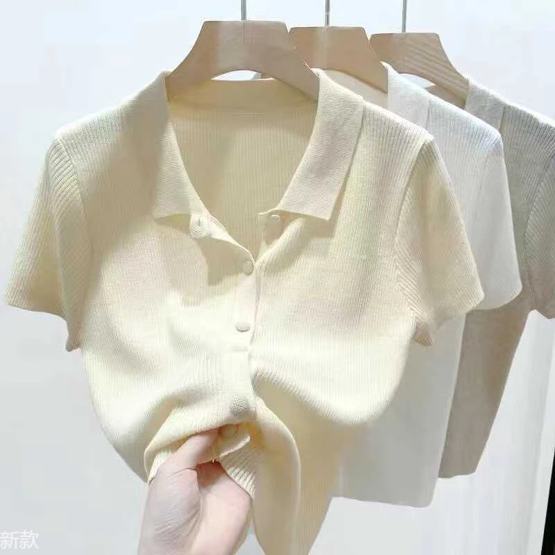 Polo领显瘦短袖针织开衫女2025夏季短款小个子薄款翻领设计感上衣