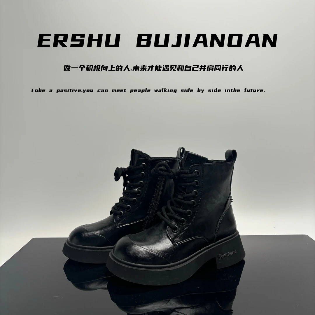 春款复古英伦风粗跟厚底百搭休闲瘦瘦加绒短靴 89023