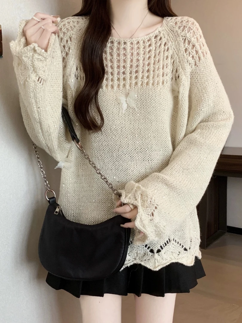 韩2025秋冬新款慵懒温柔风设计感镂空蝴蝶百搭长袖针织毛衣上衣女