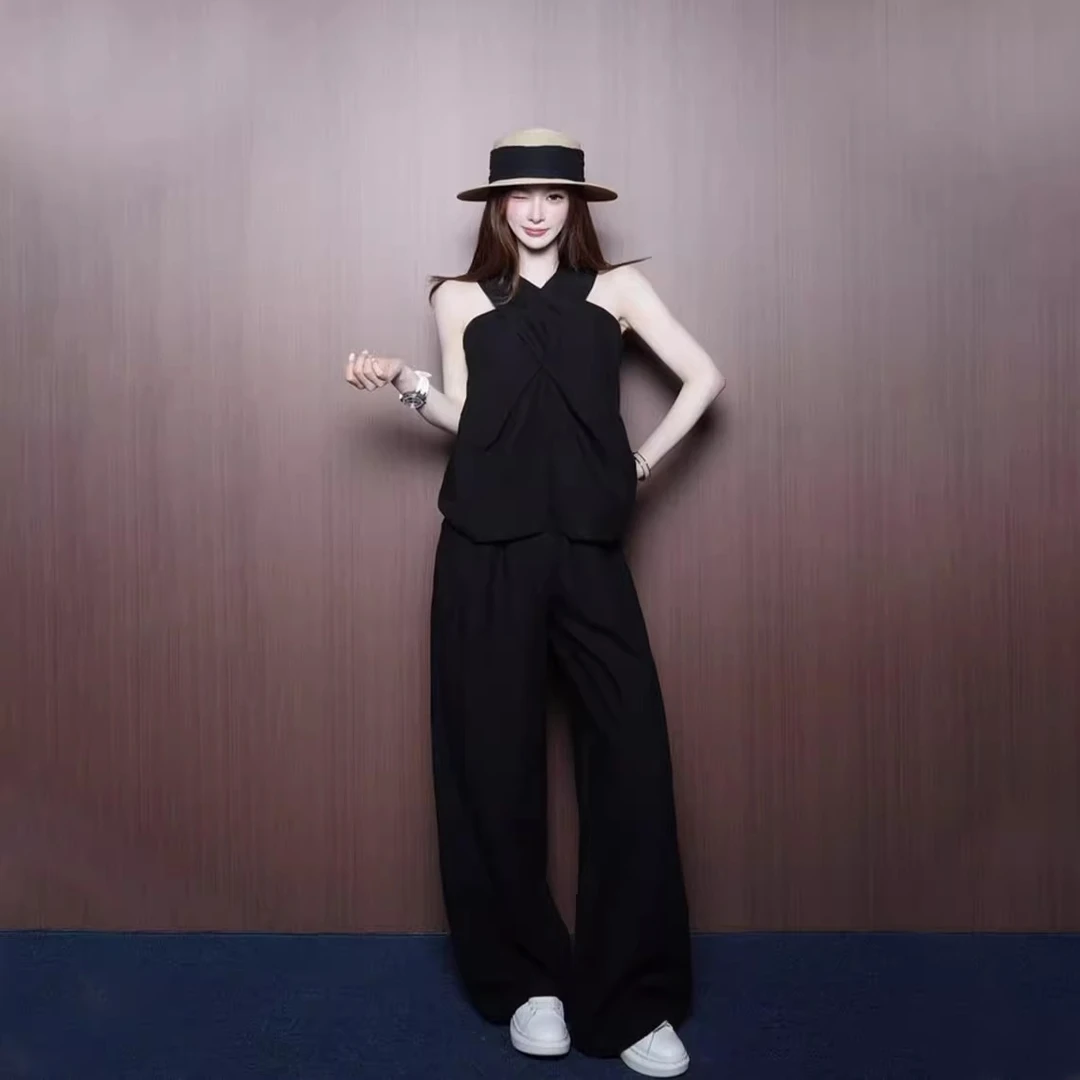 【匿名恋人】法式交叉挂脖背心阔腿裤套装设计感气质高级穿搭两件套