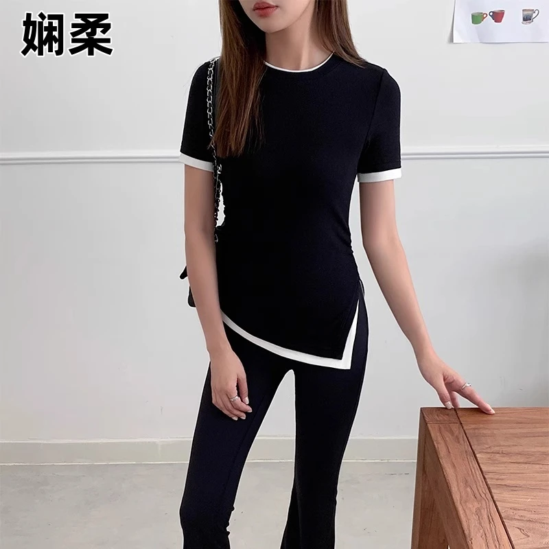 【嘉人有约】假两件短袖T恤女2025夏新款撞色修身百搭显瘦打底上衣