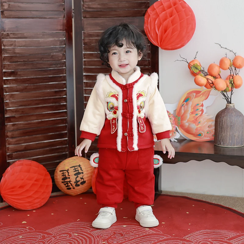 童装冬季儿童套装国风男女宝宝两件套儿童过年衣服加绒周岁礼服