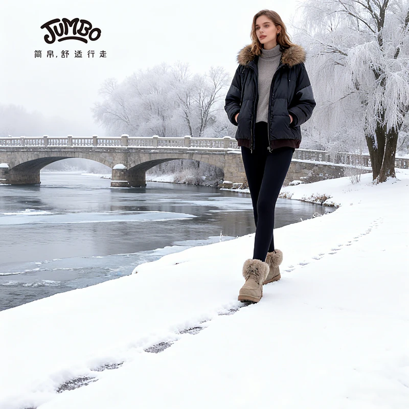 JUMBO/简帛【断码专场】冬季新品羊皮毛一体翻毛低筒保暖雪地靴5618