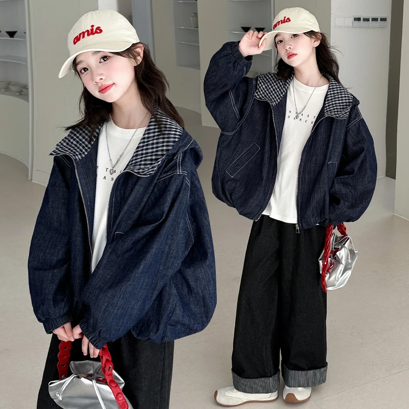 女童春秋牛仔外套2025新款休闲时尚宽松百搭帽子拼色牛仔夹克上衣