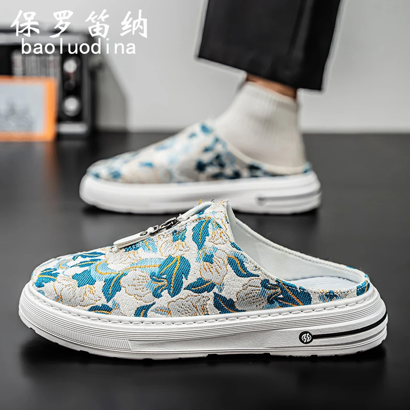 保罗笛纳帆布男鞋夏季透气老北京布鞋懒人一脚蹬无后跟包头半拖鞋