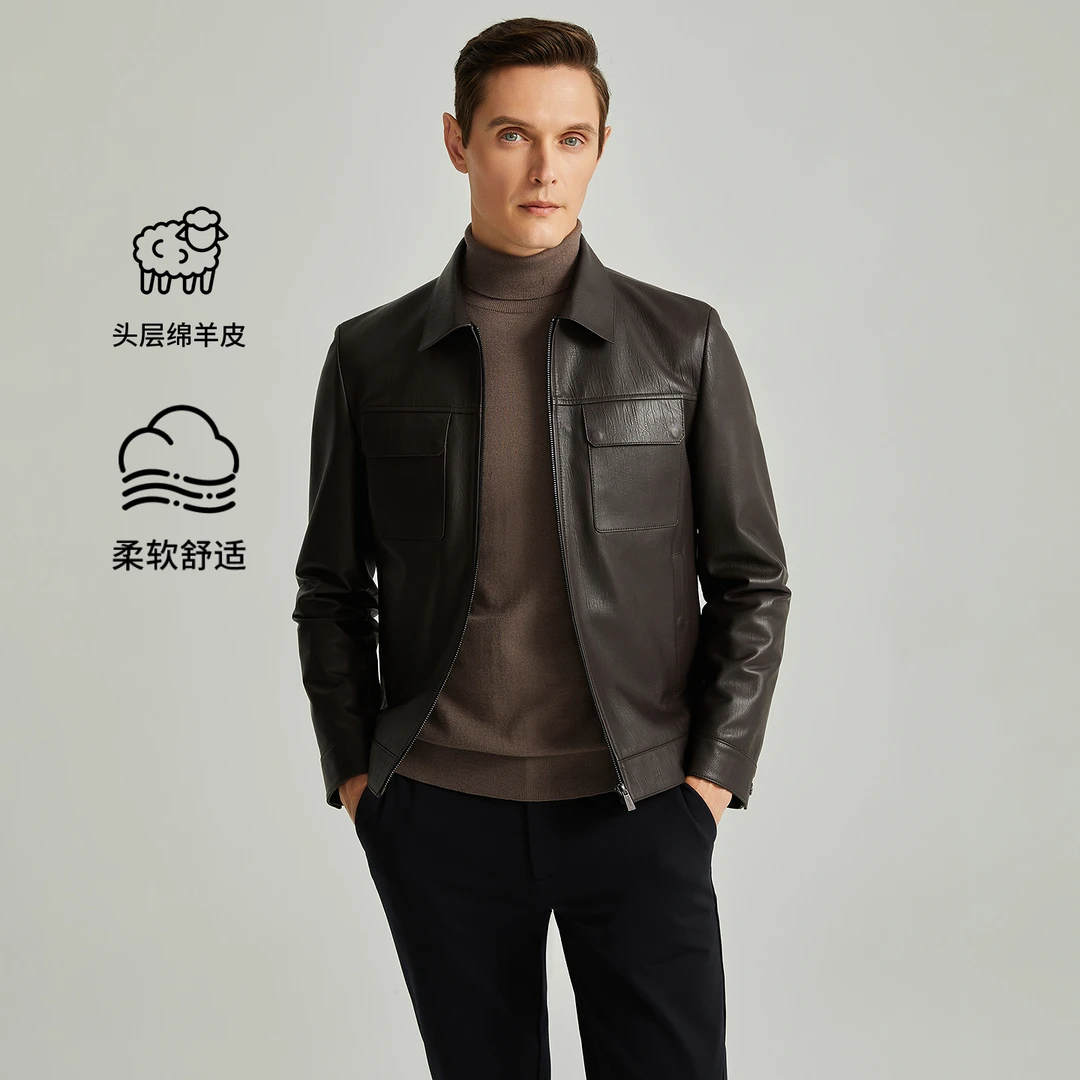 Satchi沙驰秋季男士【雷军同款】高档皮衣绵羊毛夹克休闲时尚外套