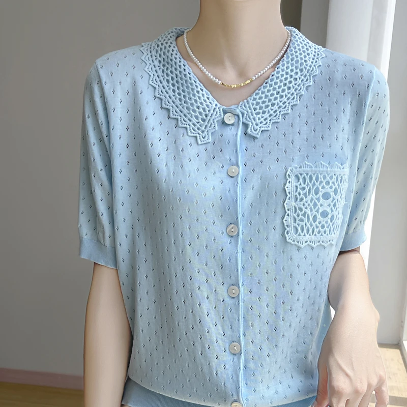 哥弟阿玛施正品棉+桑蚕丝2025夏季新款娃娃领短袖镂空短袖开衫女