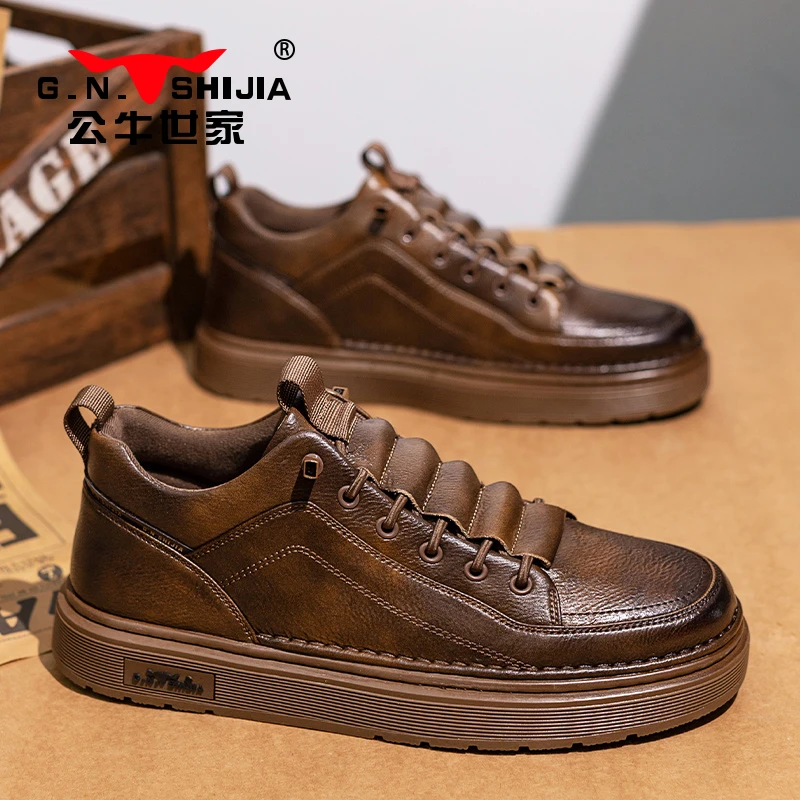 公牛世家男士商务春季时尚英伦风休闲皮鞋一脚蹬便捷厚底工作男鞋