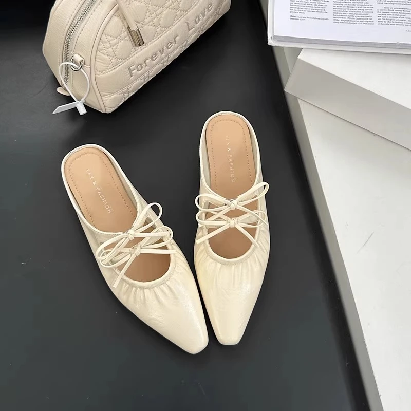 江心白包头时尚拖鞋女2025年新款蝴蝶结低跟穆勒鞋尖头半拖女鞋子