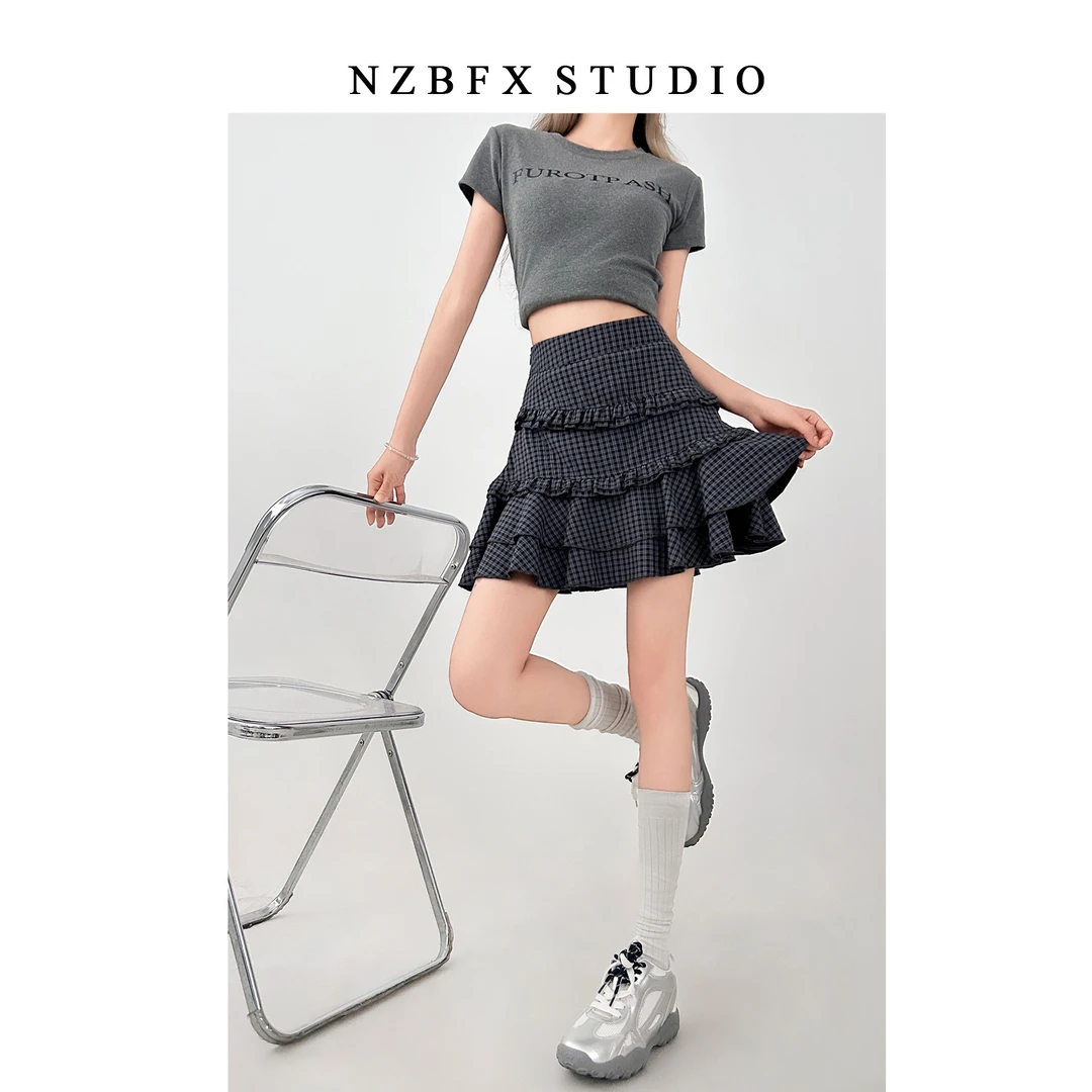 大码胖mm格子蛋糕半身裙女夏季新款不规则荷叶边高腰裙子短裙9171