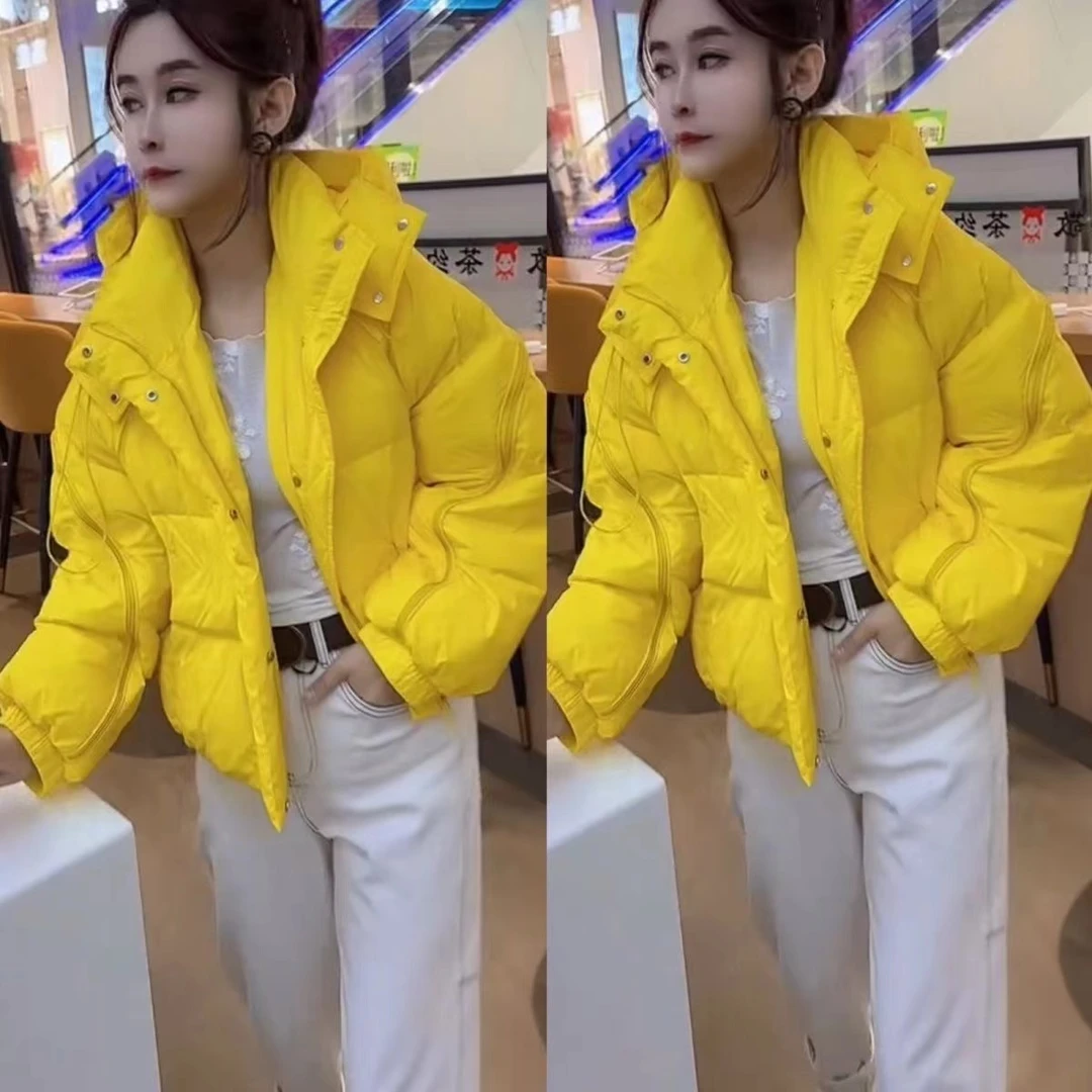 2025冬新款糖果色连帽面包服女短款小个子设计感鸭绒加厚外套潮