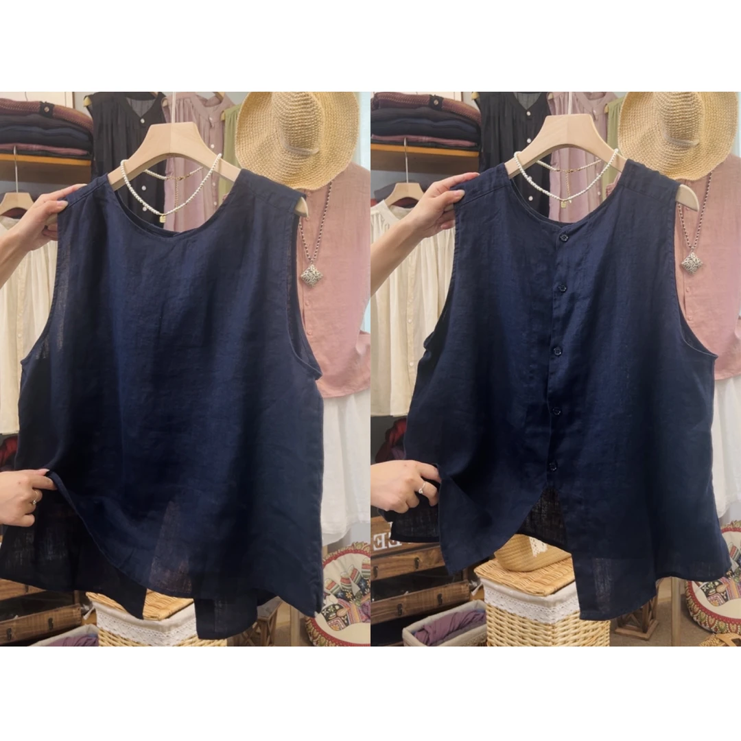 依米 夏季新款前后两穿亚麻背心女文艺复古休闲宽松百搭上衣