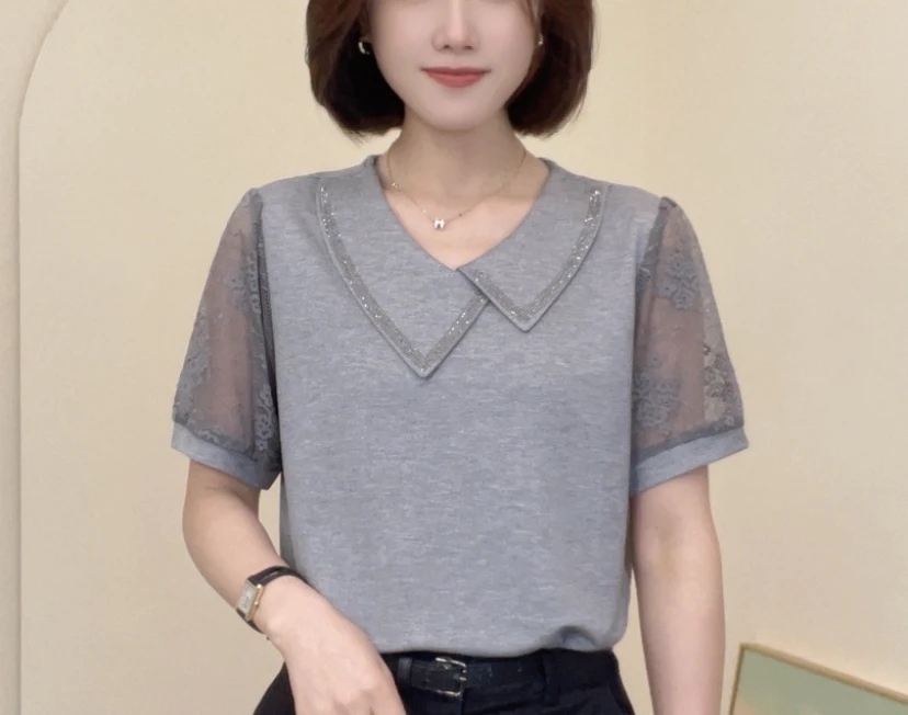 2025夏季新款时尚不规则领气质蕾丝T恤显瘦减龄女士百搭休闲短袖