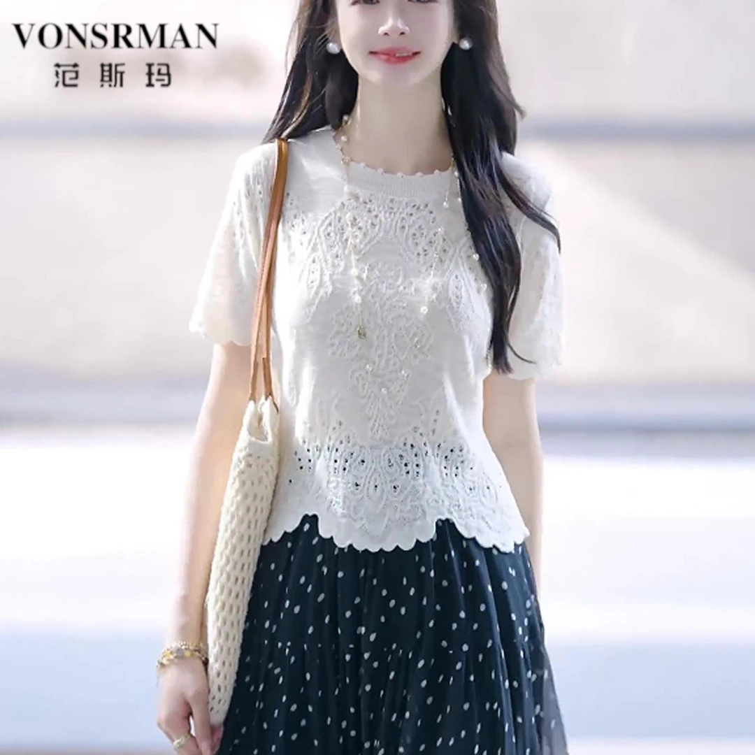 范斯玛薄款钩花镂空冰丝针织衫短袖女2025新款夏季时尚洋气罩衫上