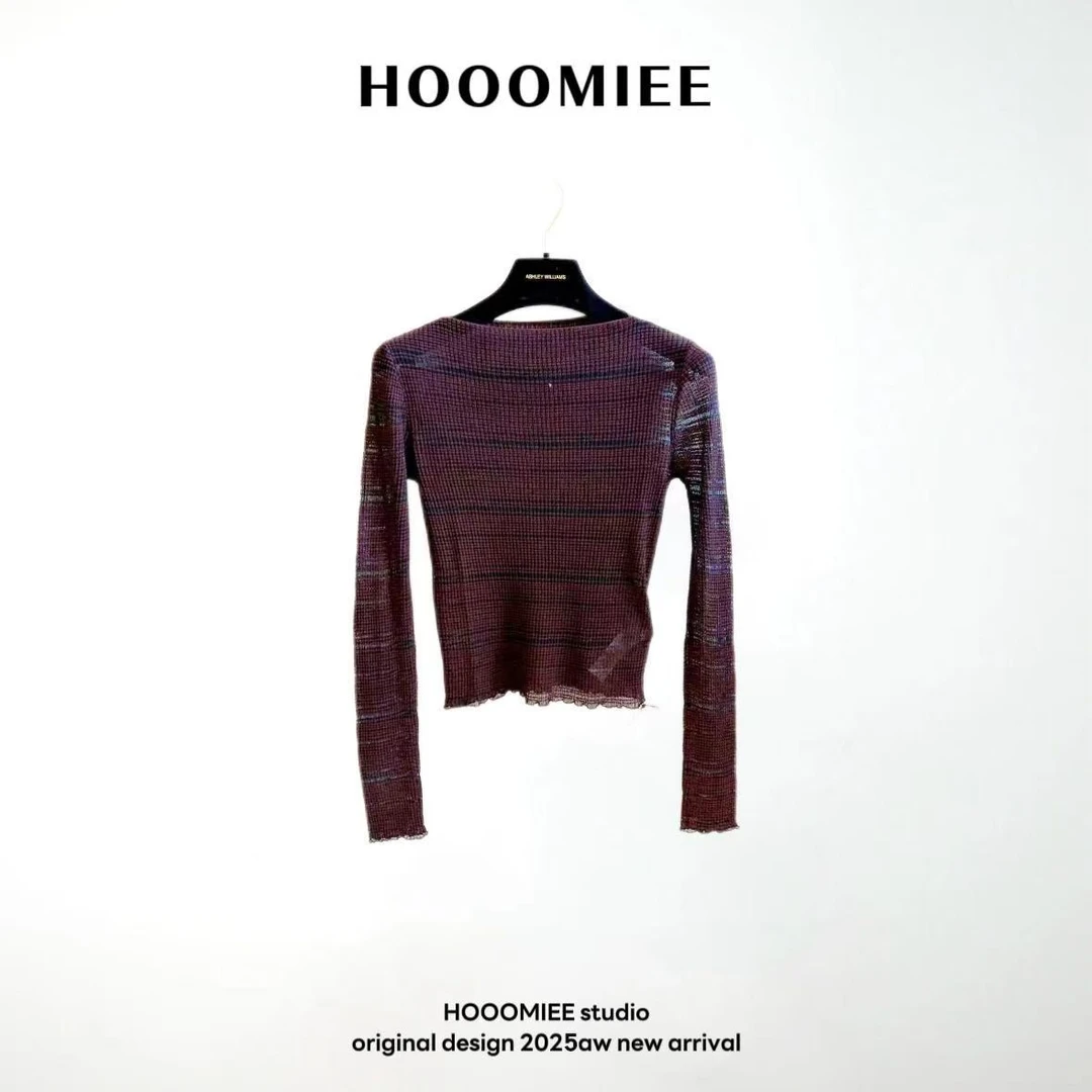 Hooomiee设计感百搭不规则细条纹收腰长袖套头衫女J25007