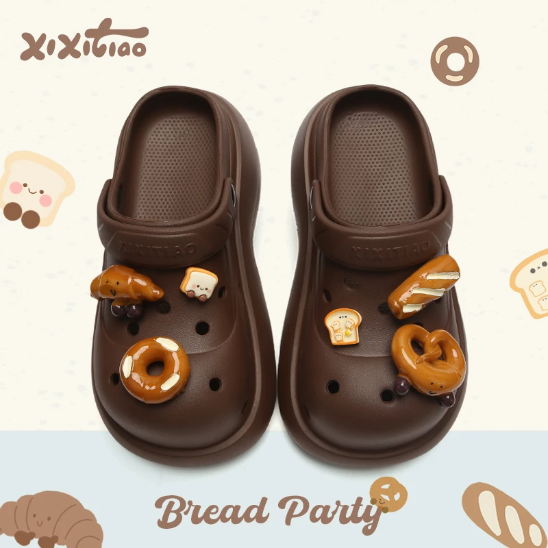 细细条 趣味吐司面包厚底网红拿铁色洞洞鞋女士防滑学生夏凉拖鞋