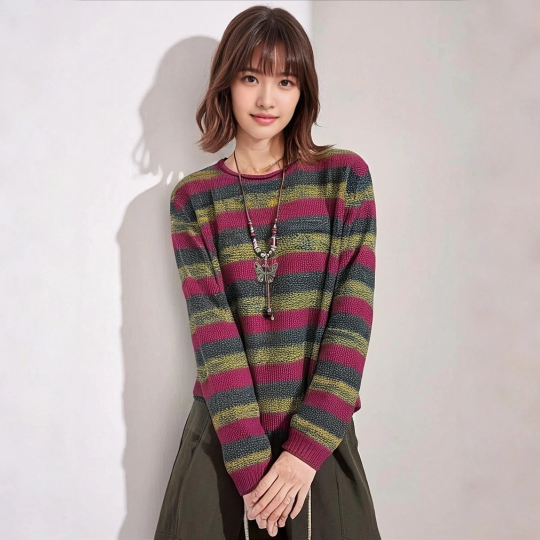 25冬上新条纹圆领加厚拼色套头半高领显瘦宽松不起球棉线针织衫