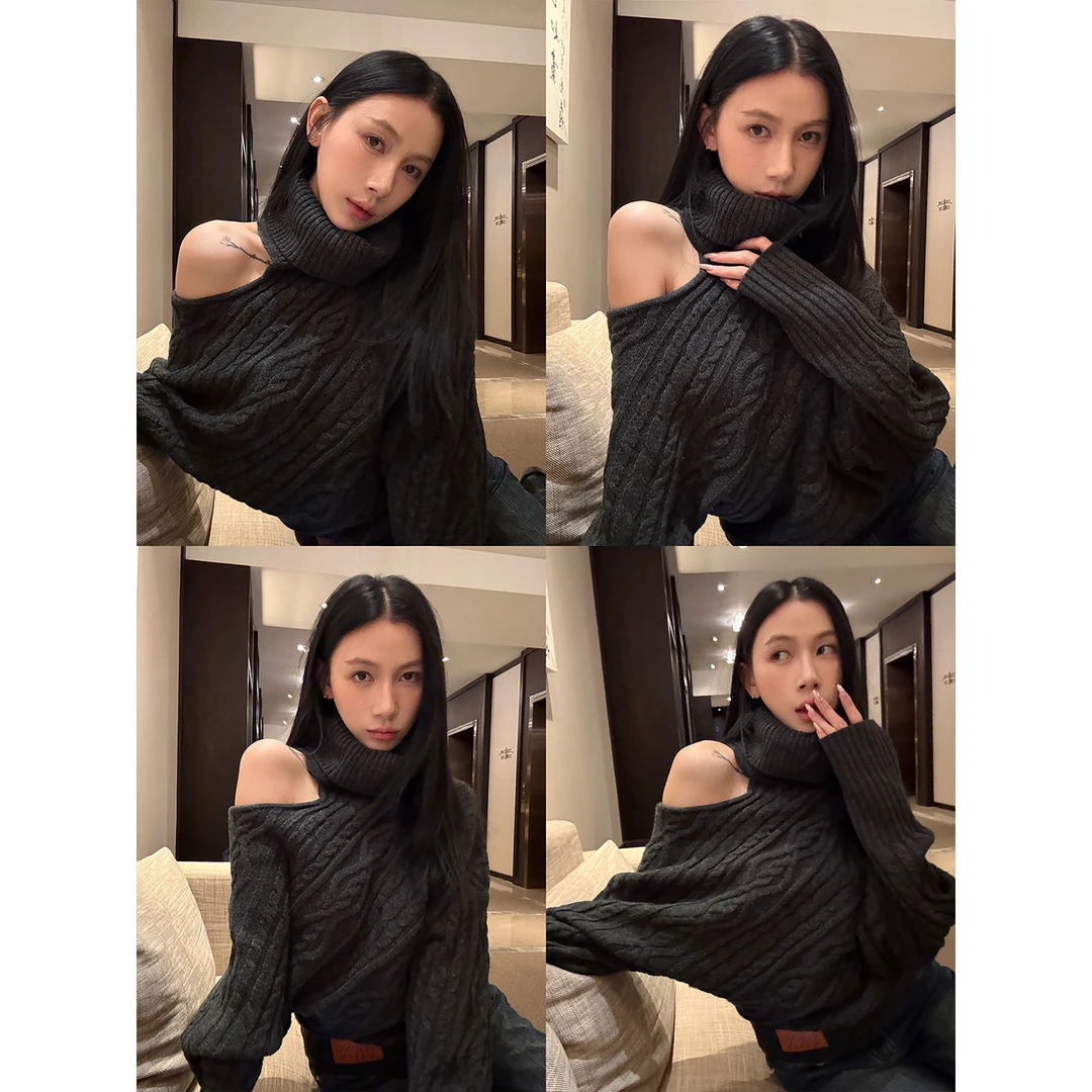 70不是七十【暮色群岛】秋冬韩系高领不规则落肩麻花毛织上衣