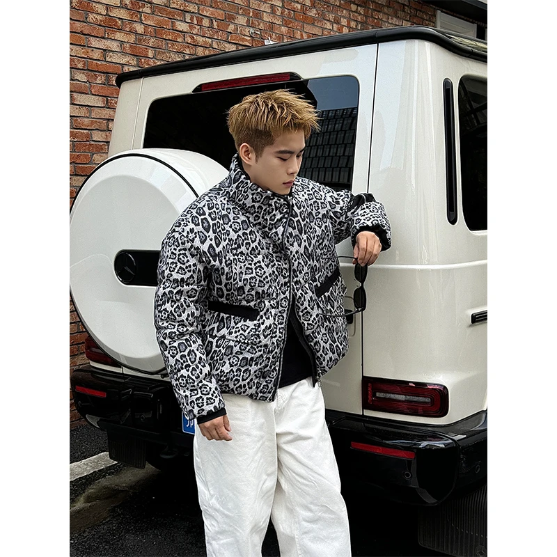 灰色豹纹立领棉服男士2025短款百搭轻熟保暖好看冬装厚外套男秋冬