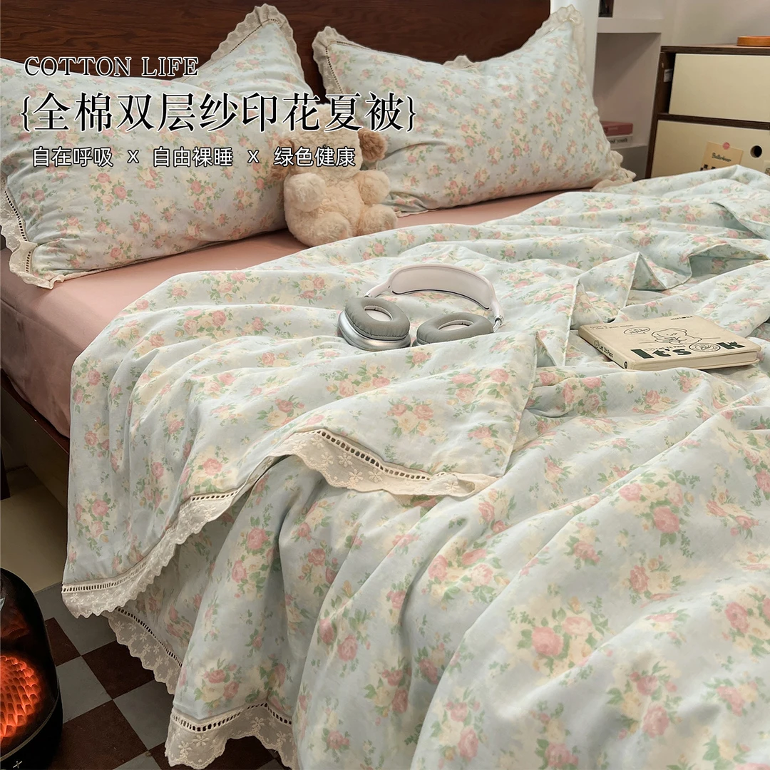 2025新款镂空全棉纯棉双层纱花边夏被夏凉被空调被法式复古印花