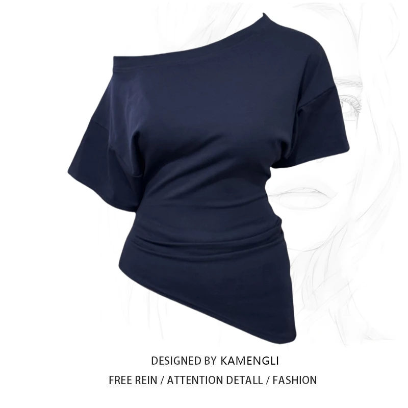 大码微胖mm纯欲风斜肩短袖t恤女生夏不规则褶皱显瘦遮肉上衣穿搭9