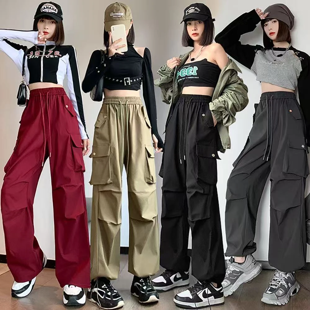 春秋新款高腰工装裤女休闲宽松显瘦抽绳直筒美式高街阔腿运动裤女