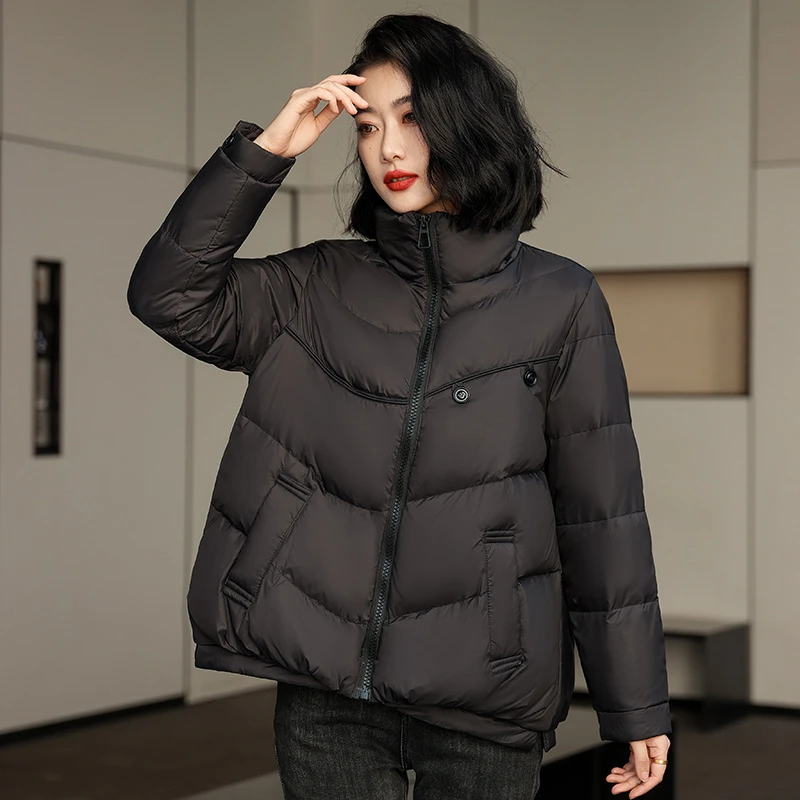 2024新款韩版女立领双扣短款百搭宽松时尚冬季白鸭绒保暖外套
