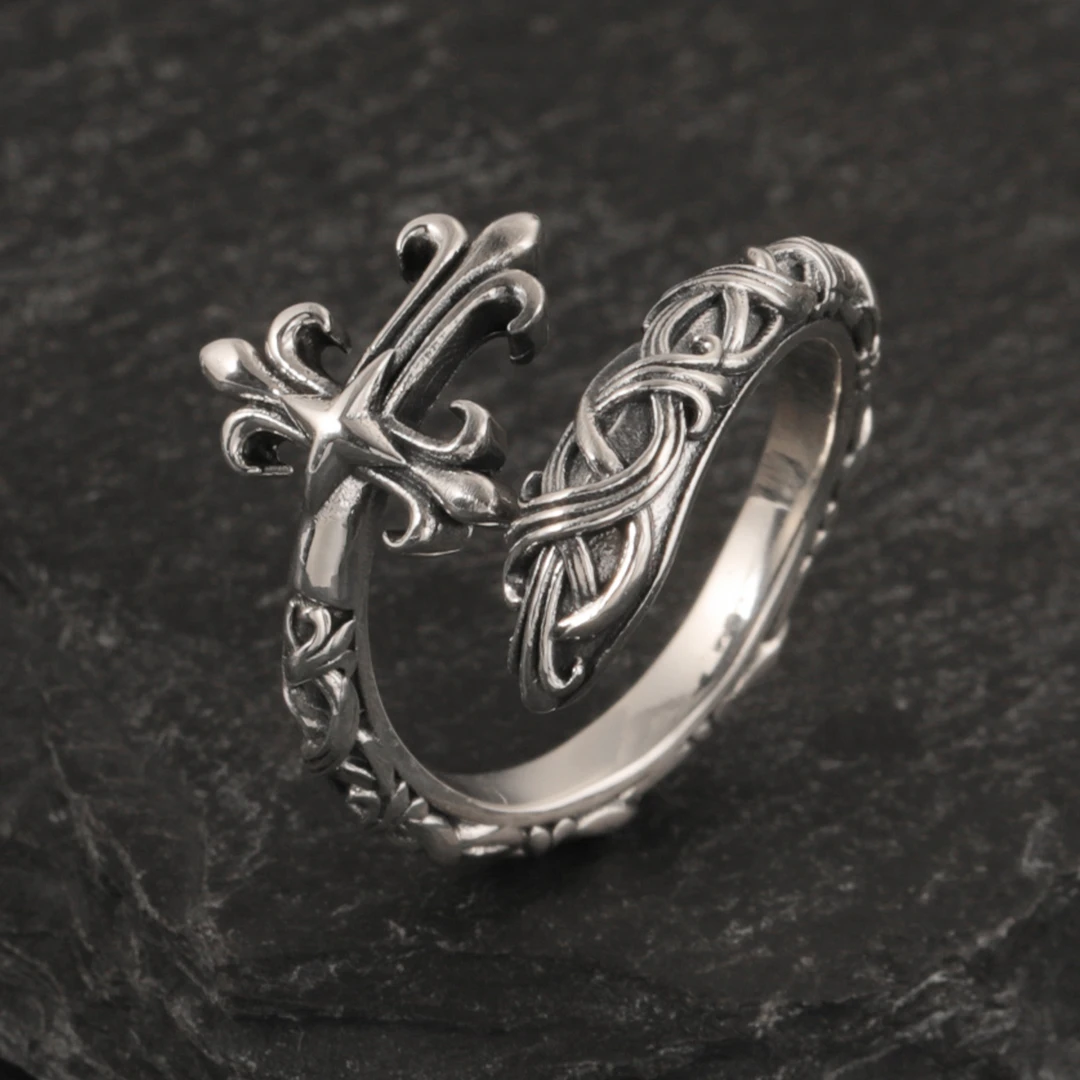 925银戒指 复古做旧藤蔓十字架开口戒指女缠绕个性朋克潮男指环