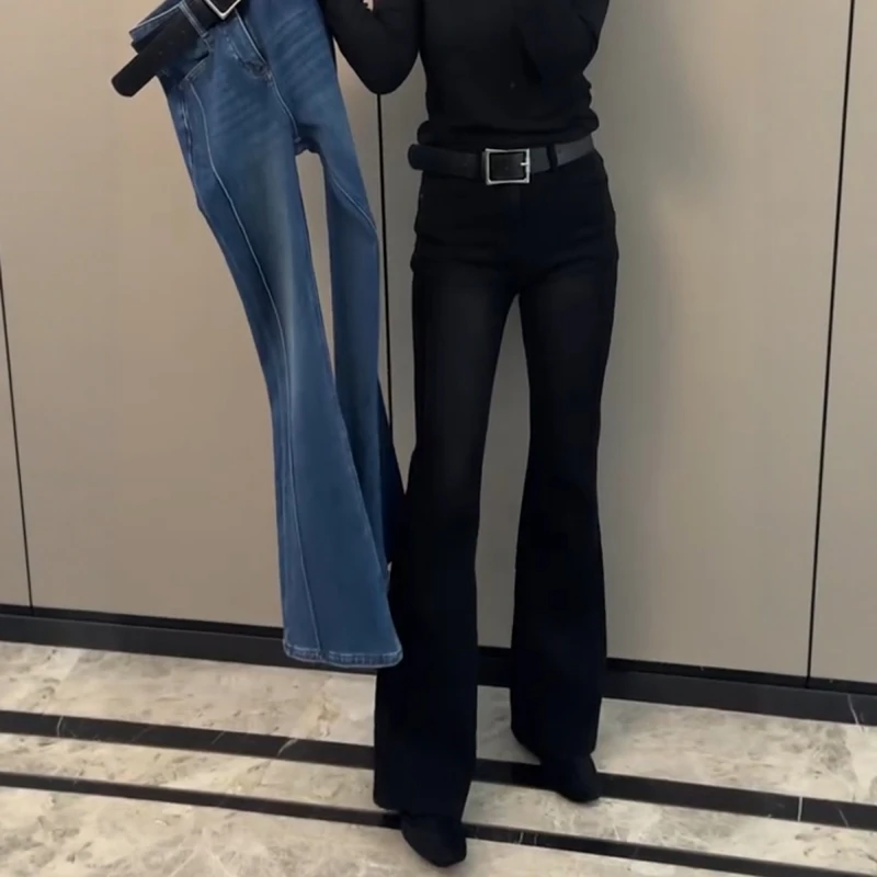 秋冬新款弹力加绒修身牛仔微喇裤女大码高腰窄版显瘦修身马蹄裤子