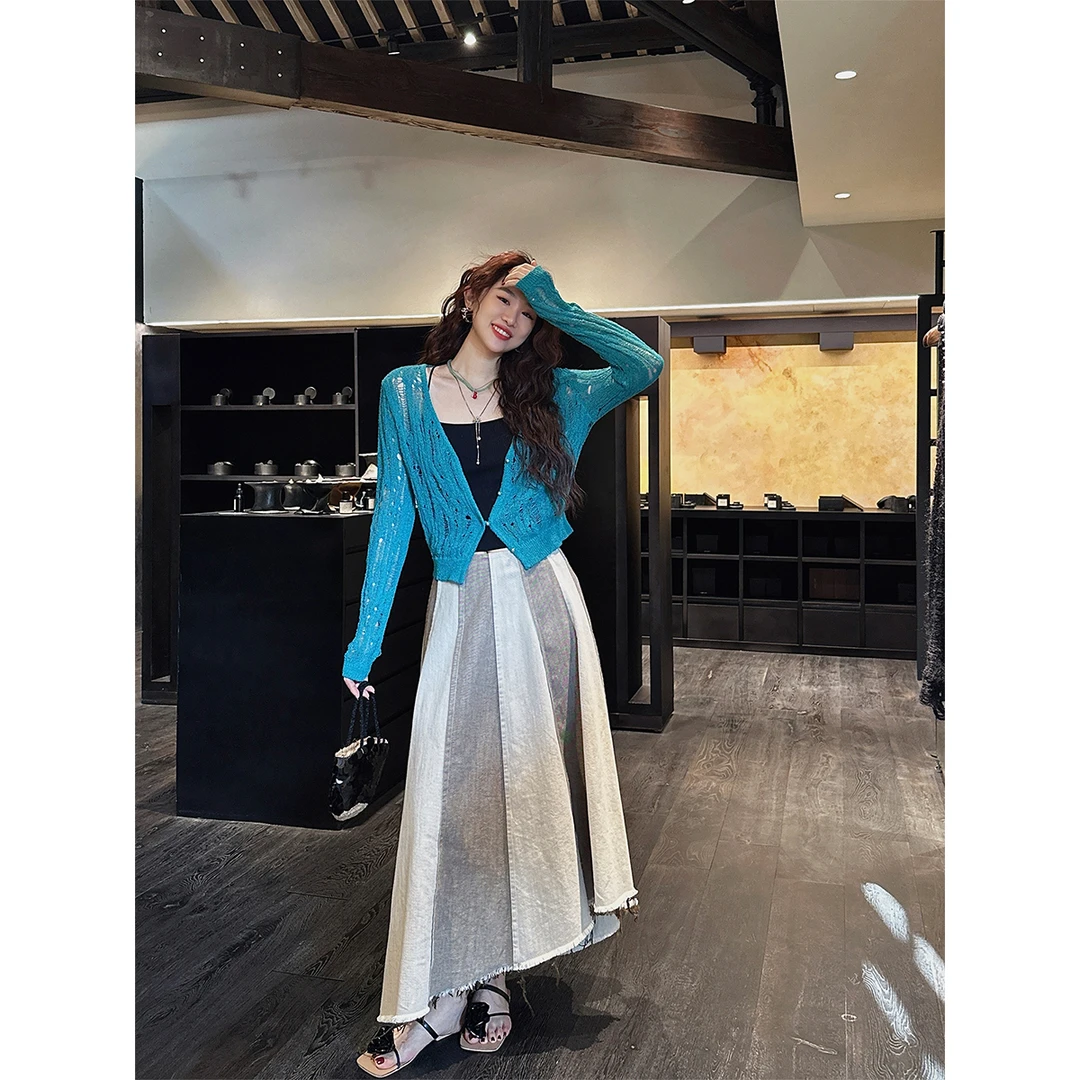 三吉黑花【墨香】女2025新款双面色织拼接牛仔半身裙今年流行爆款