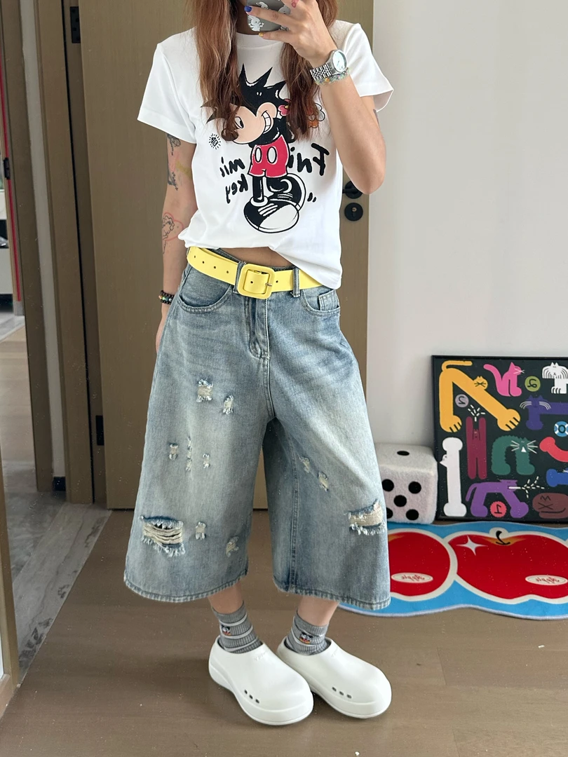 美式街头风破洞设计宽松水洗阔腿裤女2025夏季高腰显瘦七分牛仔裤