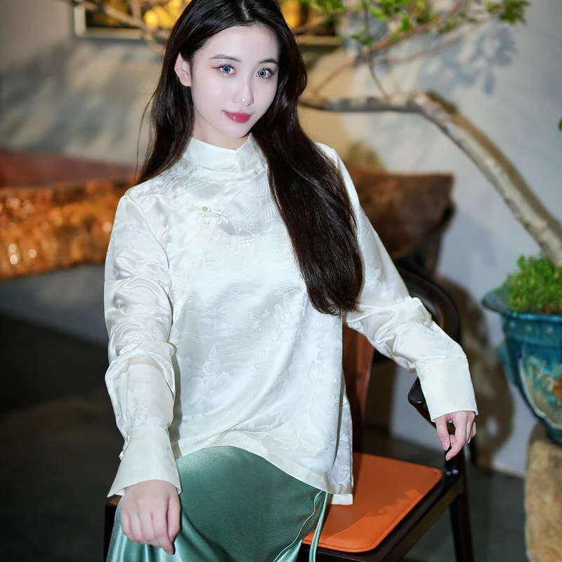 蓝大【篆烟】新中式桑蚕丝长袖上衣7535
