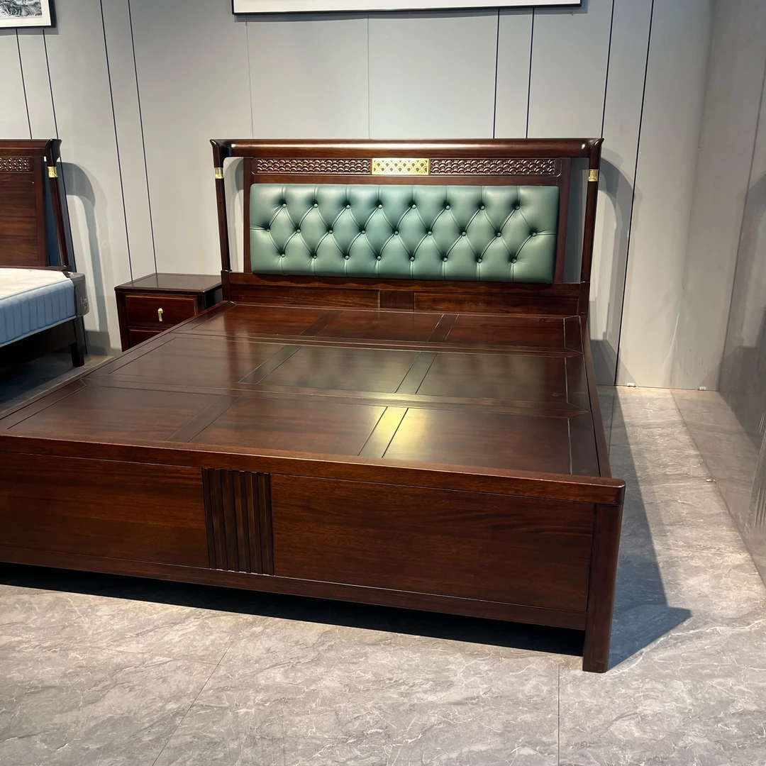 新中式主卧乌金木实木软包大床婚床1.8米大小户型实木床新中式床