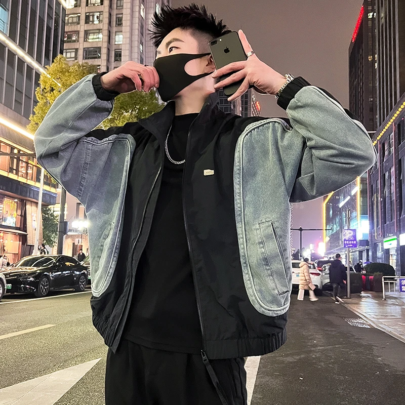 高级感牛仔拼接外套男士立领牛仔衣2025新款春秋季休闲痞帅风夹克