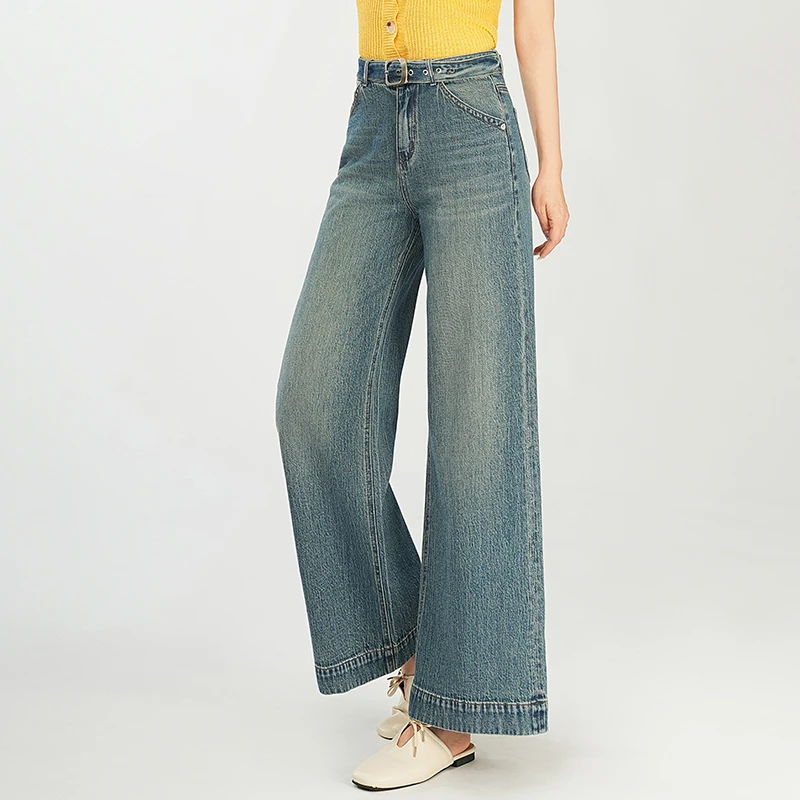正品高端2025春秋新款高腰时尚复古窄版阔腿牛仔裤女宽松直筒裤子