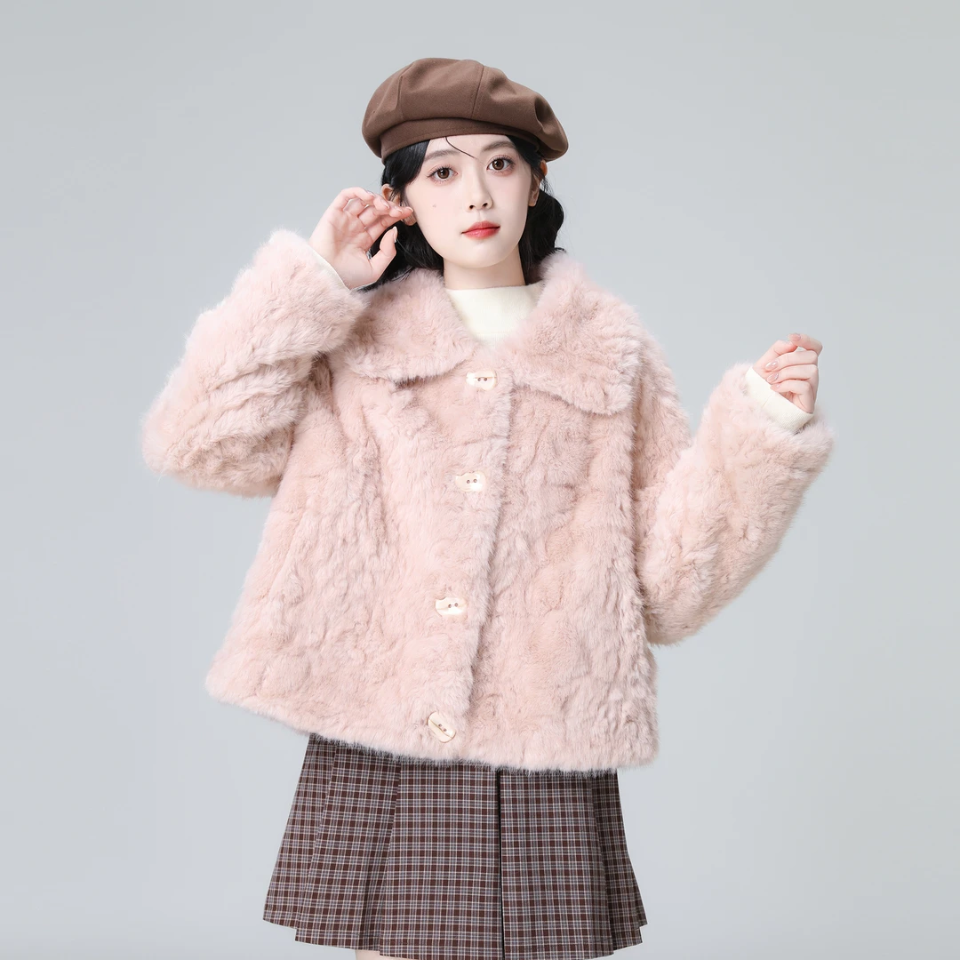 粉色翻领羔毛外套女冬2025新款加厚保暖皮毛一体毛毛开衫短上衣