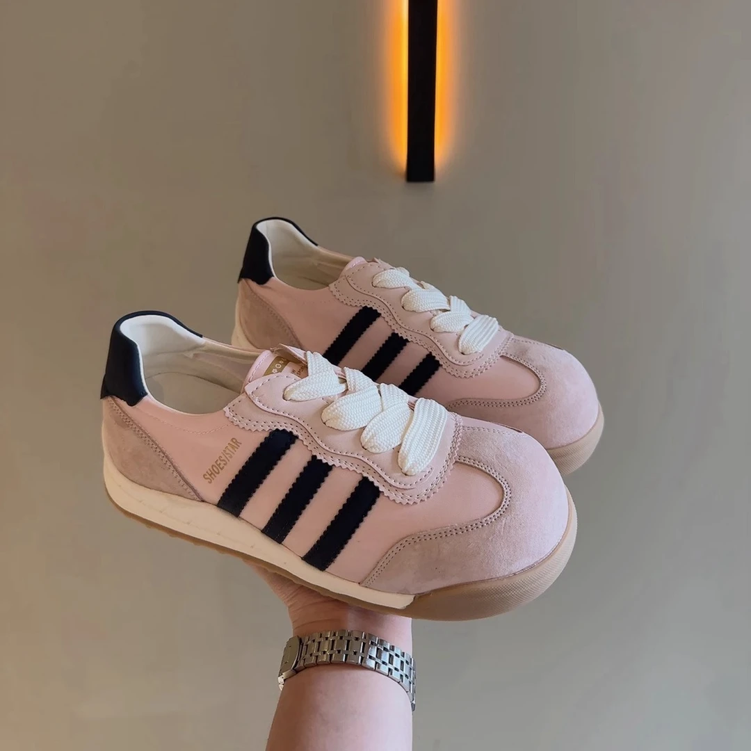 粉色丑萌大头德训鞋女2025春夏新款厚底拼色复古休闲运动阿甘鞋潮