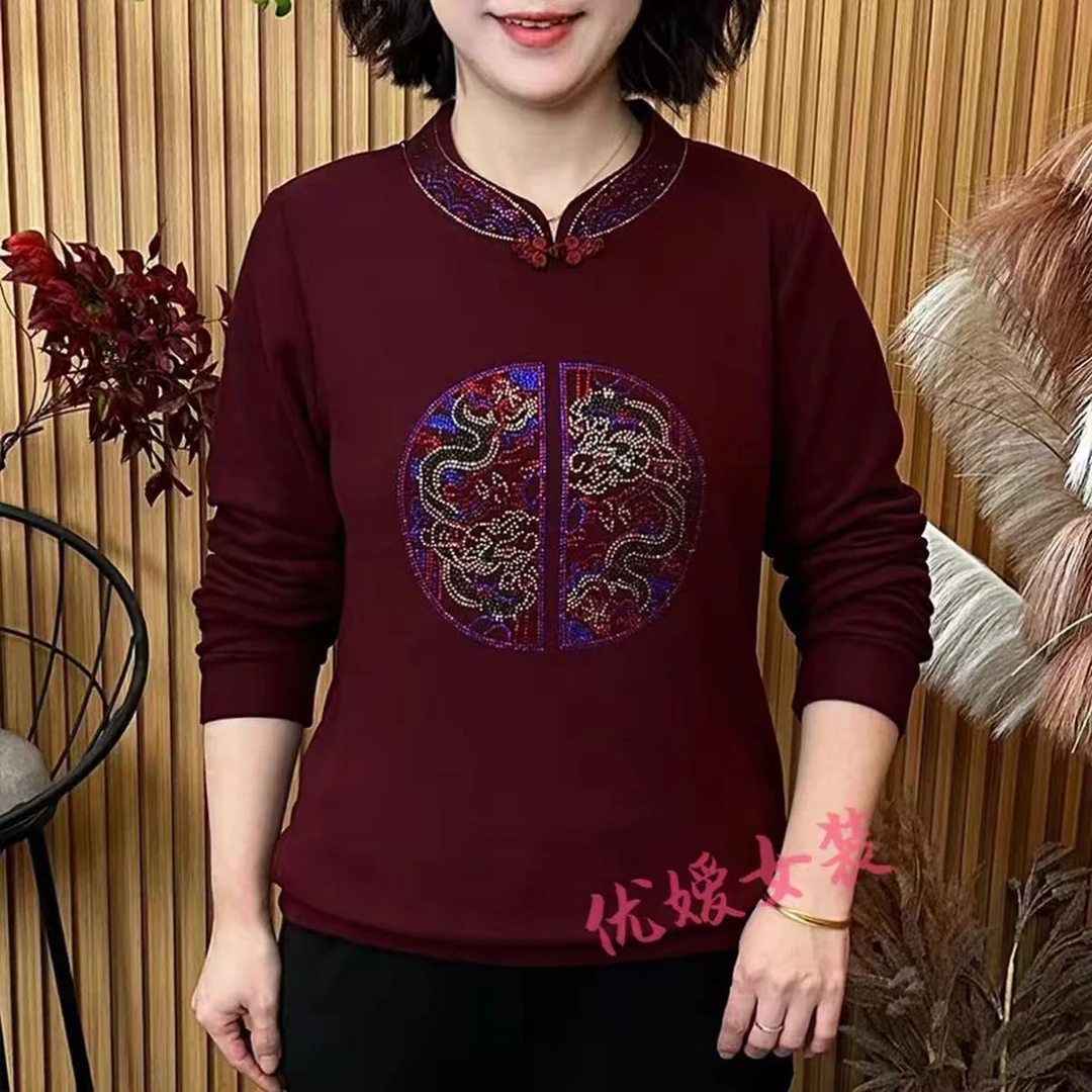 中老年妈妈冬季新款女士上衣喜庆圆领钉珠烫钻加绒保暖显瘦洋气