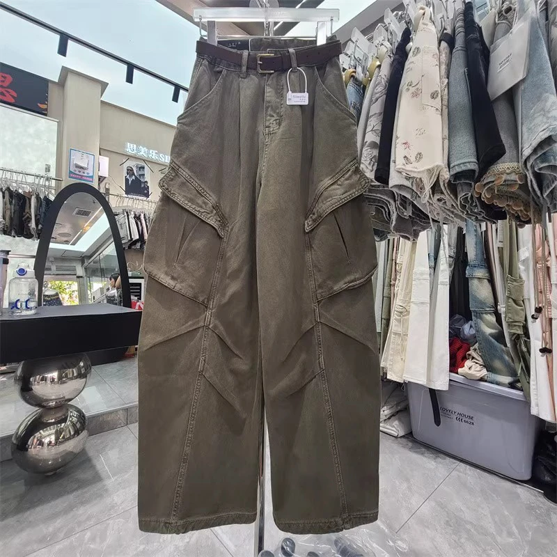 美式复古工装裤男女宽松大口袋2025秋新款褶皱直筒阔腿拖地裤裤子